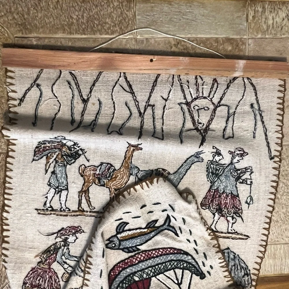 Peru Crewel Needlework Embroidered Wall Hanging Art Work Story Tapestry 35 x 21